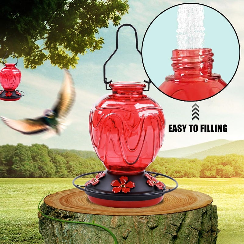 MCHBF Glass Hummingbird Feeder for Outdoors Hanging, 24Ozs Humming Bird Nectar Feeder w/Perch, 5 Flower Feeding Ports, Leak Proof Base and Hook for Outside Garden Backyard Decor, Gifts for Women Mom, Red - Image 5
